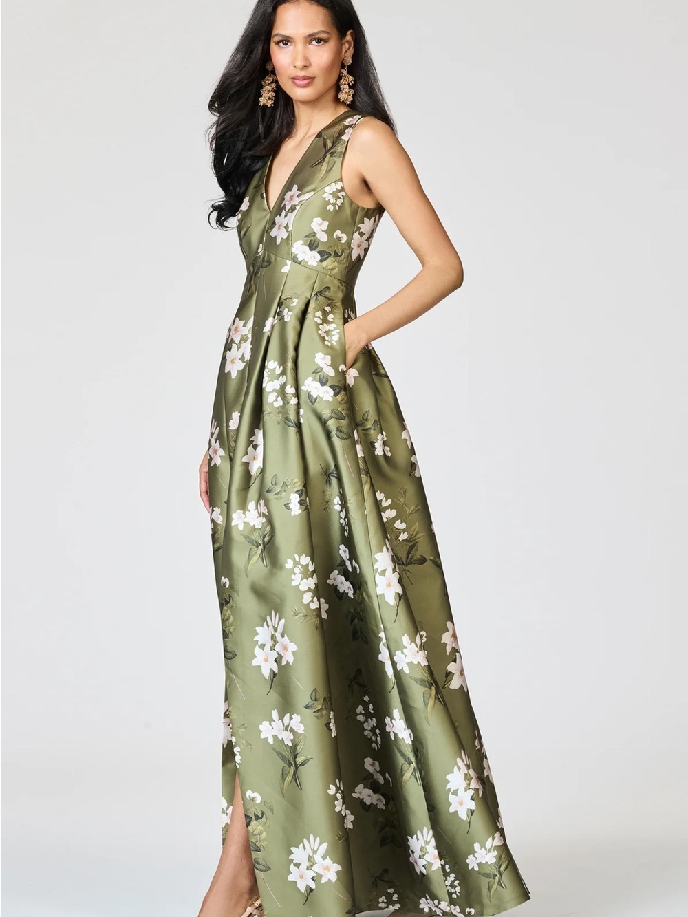 Sachin & Babi Sz 4 Moss Formosa Olive Green Floral V-Neck Maxi Dress Brooke Gown - Picture 3 of 4